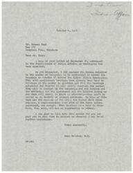 ["Mr. Ernest Hunt wrote a letter inquiring about the number of delegates authorized to attend hearings before the Indian Claims Commission. Page Belcher, a member of the House of Representatives, contacted the Bureau and found out that only three delegates were needed as observers, not testifiers. Hunt was informed of this decision and encouraged to reach out for further assistance."]