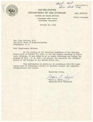 ["The document consists of three letters from the Bureau of Indian Affairs regarding different issues. The first letter endorses a bill to promote education and rehabilitation of Native Americans, the second letter opposes a bill regarding competency for Native Americans, and the third letter is a personal note expressing appreciation for a meeting with Congressman Belcher."]