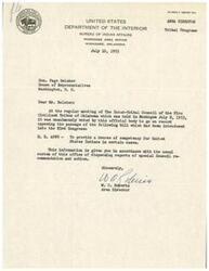["The document consists of letters and memorandums from the Bureau of Indian Affairs Muskogee Area Office in Oklahoma to Hon. Page Belcher, a House of Representatives member. The documents discuss the Inter-Tribal Council of the Five Civilized Tribes of Oklahoma endorsing or opposing various bills introduced in the 83rd Congress related to Indian affairs. The documents provide information on the council's recommendations and actions on specific legislative measures. Additionally, there is a memorandum urging tribal leaders to review and study a proposed bill (H. R. 1084) for discussion at their next council meeting. The bills discussed cover topics such as Indian land leasing, claims commission time extensions, and amendment of the Social Security Act to disregard the value of land held in trust for Indians in determining need."]