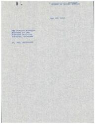 ["Frances McFadyen, an attorney at law in Anadarko, Oklahoma, received a letter from Honorable Page Belcher regarding the consolidation of Indian Area Offices. The decision was well-received, and Brewster McFadyen had recently completed a course at Ft. Leavenworth and was preparing to go to the Far East after a month's leave. Frances and her mother sent their regards to Page and Gladys."]
