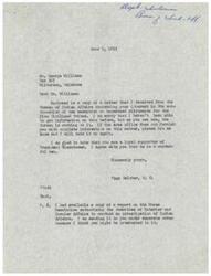 ["Mr. George Williams from Wilburton, Oklahoma wrote to Hon. Page Belcher, House of Representatives, requesting information on tax exemption for homestead allotments for the Five Civilized Tribes. Belcher forwarded the letter to the Bureau of Indian Affairs for clarification. The Bureau suggested Williams contact the Area Director for more information. Belcher assured Williams he would provide the information once he received it. Belcher also mentioned a report on House Resolution authorizing an investigation of Indian Affairs, which he sent separately. Williams expressed his support for President Eisenhower and requested updates on any changes in Indian policies."]
