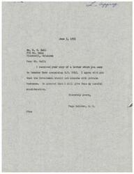 ["Mr. Hall wrote to Senator Kerr asking him to vote for the elimination of section 638 in H.R. 6042, as he believes the government should not compete with private businesses. Page Belcher, a member of Congress, received a copy of the letter and assured Mr. Hall that he would carefully consider his views."]