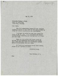 ["The document is a letter from Congressman Page Belcher to Mayor Herman J. Smith acknowledging receipt of a telegram urging support for an appropriation for airport construction and improvements. Belcher informs the mayor that the bill has passed the House and is now before the Senate Appropriations Committee. Belcher apologizes for the delay in responding due to legislative matters and heavy correspondence, and offers assistance in any other matter. The document also includes a telegram from the Mayor and Commissioner of Ponca City requesting Belcher's support for a $100 million appropriation for matching funds for airport construction and improvements."]
