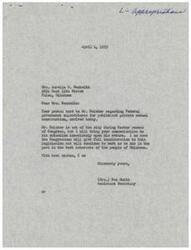 ["Mrs. Beckwith sent a postal card to Mr. Belcher regarding federal government expenditures for public and private school construction. The assistant secretary, Mrs. Eva Smith, responded, stating that Mr. Belcher is out of the city but will consider the legislation upon his return. Mrs. Beckwith also expressed support for a bill for private school construction and requested $500,000,000 for public and private schools."]