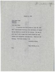 ["The document is a letter from Miss Angie Debo to Congressman Page Belcher, thanking him for his efforts in protecting Native Americans from the \"termination\" policy. She acknowledges his past actions in supporting the Osages and urges him to continue advocating for Native American rights. Debo emphasizes that this issue should transcend political affiliations and calls for continued vigilance in protecting Native American communities."]