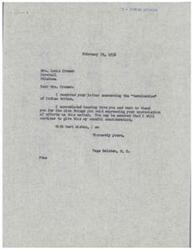 ["Mrs. Cromer wrote a letter to Congressman Page Belcher expressing her concern about the termination of Indian tribes, particularly the Osages, and the potential impact on their oil property. She mentioned the National Council's study course on \"Indian Americans\" and the support of the local Methodist church's Woman's Society of Christian Service for protecting tribal interests. Mrs. Cromer thanked Belcher for his efforts and assured him of their support in the matter."]