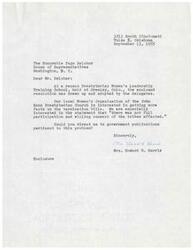 ["The document is from Mrs. Howard H. Harris to Congressman Page Belcher, expressing concern about termination bills affecting Native American tribes. The document requests information on government publications related to the issue and calls for re-negotiation of agreements for a necessary transition period, as well as for termination legislation to only be enacted with the full participation and consent of the tribes involved."]