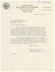 ["The Inter-Tribal Council of the Five Civilized Tribes in Muskogee, Oklahoma voted to support a proposed contract between the Bureau of Indian Affairs and the Oklahoma Agricultural and Mechanical College for extension activities. They approved the resolution with the condition that if the services provided are not successful in improving extension services for the tribes, they reserve the right to withdraw their support after a year. The document was addressed to Congressman Belcher."]