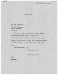 ["Mr. Gene M. Gardner, an attorney, raised concerns about irregularities at the Fort Sill Indian School in a letter to Honorable Page Belcher. The allegations included possible fraud, embezzlement, and misappropriation of government property. The Bureau of Indian Affairs conducted an investigation and found no evidence of criminal intent. Belcher and Gardner continued to correspond about the matter, with the Bureau of Indian Affairs assuring that they would take administrative action as needed."]