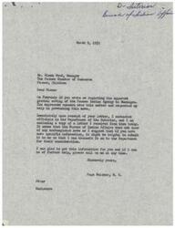 ["Glenn Wood, the manager of the Pawnee Chamber of Commerce, wrote to Congressman Page Belcher expressing concern about the possible moving of the Pawnee Indian Agency to Muskogee. Belcher contacted the Department of the Interior, who stated they were unaware of any such move. They requested more specific information from Wood so they could investigate further. Wood's letter was returned to him for clarification."]