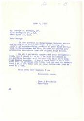 ["The document acknowledges receipt of an invitation to Congressman Belcher and his wife to attend graduation exercises at the Capitol Page School. It expresses appreciation for the invitation and informs that Congressman Belcher may not be able to attend as he will be returning to town on Monday evening. The document assures that the invitation will be passed on to the Congressman as soon as possible."]
