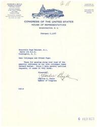 ["Charles A. Boyle, a member of Congress from Illinois, thanks Page Belcher for passing along a copy of memorial addresses for their late colleague James Bernard Bowler. Boyle mentions having unfilled requests and expresses gratitude for receiving the copy."]