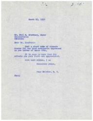 ["The document is a thank you note from Page Belcher, a Congressman, to Phil M. Bradbury, Mayor of Collinsville, Oklahoma, for his kind sentiments and support. Bradbury expresses appreciation for Belcher's questionnaire and offers to help in any way he can. Both individuals acknowledge each other's efforts in serving the community."]