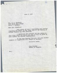 ["Mrs. Bradford wrote a letter to Congressman Page Belcher expressing her concern about the effects of nuclear weapons testing on the human race. Belcher acknowledged her concerns and assured her that he would give the issue careful consideration. Mrs. Bradford urged Belcher to take action towards banning nuclear weapons testing and hoped for a speedy agreement among nations on the matter. Belcher thanked Mrs. Bradford for her letter and welcomed any further comments or suggestions."]