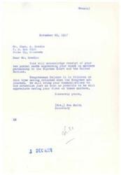 ["The document acknowledges the receipt of postal cards expressing views on the Supreme Court and the United Nations. It mentions that Congressman Belcher is in Oklahoma and will be informed of the views. The recipient expresses frustration with the Supreme Court and suggests limiting their term to four years. They also criticize the current administration and call for action."]