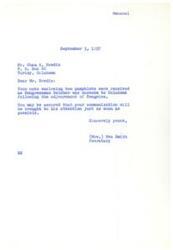 ["The document is from Mrs. Eva Smith, secretary to Congressman Belcher, to Mr. Chas A. Bredin acknowledging the receipt of his communication and pamphlets. She assures him that the Congressman will be informed of his message as soon as possible."]