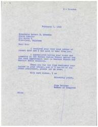 ["The document consists of two letters exchanged between Hon. Page Belcher, a Member of Congress, and Hon. Robert H. Breeden, a State Senator. Belcher thanks Breeden for his views on the Pawnee Indian School matter and road improvement work in the area. Breeden expresses gratitude for Belcher's assistance in Washington and mentions a project to use Indian School facilities and road improvements. Both express appreciation for each other's help."]