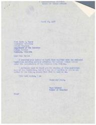 ["The document is a letter from Marie L. Hayes to Page Belcher, a member of Congress, regarding a resolution reaffirmed by The Inter-Tribal Council of the Five Civilized Tribes in 1958. The resolution covers various matters affecting Indian Tribes under the jurisdiction of the Oklahoma Area Offices, including recommendations related to Indian Claims Commission, relocation, vocational training, credit associations, leasing and sale of Indian land, rehabilitation measures, old age assistance, hot lunch program, general welfare, and protection of Indian rights. Belcher is asked to consider and take action on the recommendations."]