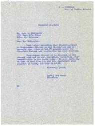 ["Mr. Eddington congratulates Congressman Belcher on his re-election and expresses concern about the treatment of Blackfeet Indians in a TV program. The document is forwarded to Congressman Belcher in Oklahoma for his attention."]