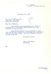 ["The document is a response to Mr. J. E. O'Malley Jr.'s inquiry about the termination of Indian Reservations in the United States. The Bureau of Indian Affairs is forwarding his communication to Congressman Belcher in Oklahoma for his response. The document expresses that Congressman Belcher will be glad to hear from Mr. O'Malley on the issue."]