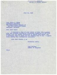 ["The document from the Inter-Tribal Council of the Five Civilized Tribes to Senator James E. Murray requests exemption of the Five Tribes from the Moratorium on Indian Land Sales. The Resolution highlights the hardships faced by tribal members due to the moratorium and strongly recommends taking steps to exempt the tribes. Congressman Page Belcher acknowledges receipt of the Resolution and thanks the Council for providing the information."]
