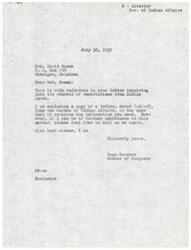 ["Mrs. David Homma wrote a letter to Page Belcher inquiring about the removal of restrictions from Indian lands. Belcher forwarded the letter to the Bureau of Indian Affairs for consideration. The Bureau provided information on the process for removing restrictions from Indian lands, particularly for the Five Civilized Tribes. Belcher assured Mrs. Homma that he would look into the matter and provide her with the necessary information."]
