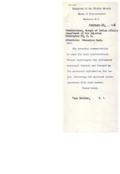 ["A member of Congress wrote to the Bureau of Indian Affairs regarding a communication about the closing of Pawnee Mission Park. They requested information and asked for a prompt reply. The Congressman also informed the Chairman of the Indian Committee of the Chamber of Commerce in Pawnee, Oklahoma that they are investigating the matter and will provide updates."]