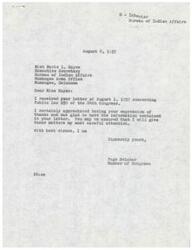 ["The document consists of three letters addressed to Miss Marie L. Hayes, Executive Secretary of the Bureau of Indian Affairs Muskogee Area Office, from different individuals regarding various matters related to vocational training and support for Native American communities. The documents express appreciation for the enactment of Public Law 959, urge for the establishment of a glass factory in Atoka County, Oklahoma, and support the passage of Senate Bill-1298 for vocational education. Congressman Page Belcher is mentioned in the letters as being involved in the discussions and actions related to these issues."]