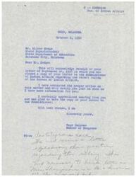 ["The State Superintendent of Oklahoma is writing to Congressman Page Belcher about a recent ruling by the Bureau of Indian Affairs that has negatively impacted schools in Oklahoma. The ruling has caused a reduction in funds for schools serving indigent Indian children, leading to potential closures of lunch programs and transportation services. The Superintendent is requesting reconsideration of the ruling and proposes solutions to mitigate the impact on affected schools."]