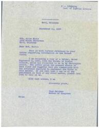 ["Mrs. Alice Murie sent a letter to Congressman Page Belcher requesting information on the Pawnee claim against the Federal Government. The Bureau of Indian Affairs informed Congressman Belcher that the Pawnee Tribe is entitled to recover, but the amount of the award has not yet been determined. A hearing has been set for December to present evidence on the value of the land taken. Congressman Belcher was advised to direct any further inquiries to the attorneys representing the tribe."]