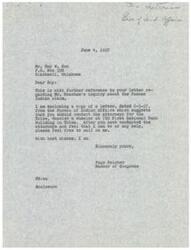 ["Roy W. Cox wrote to Page Belcher inquiring about the Pawnee Indian claim and when they would receive money that had been appropriated to them. Belcher referred Cox to the attorneys for the Tribe in Tulsa for further information. Belcher assured Cox that he would look into the matter and provide an update. Cox expressed gratitude and provided an update on the weather in the area."]