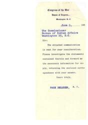 ["A letter from Frank S. Midgley, Jr. to Page Belcher, a member of Congress, inquiring about the appropriation of funds for the rehabilitation or new construction at the Chilocco Indian Agricultural School. Belcher responds that he will check into the matter and provide information soon."]