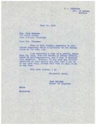 ["Mrs. Alma Chapman inquired about her eligibility on two Indian rolls at the same time. The Bureau of Indian Affairs responded stating that eligibility for one roll does not affect eligibility for another, and explained the specific criteria for enrollment in the Otoe and Missouria judgment fund. The Bureau also addressed concerns about tribal council representation and potential resolution regarding eligibility for tribal claims. Mrs. Chapman requested clarification from Congressman Page Belcher on the matter."]