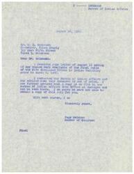 ["Mr. McIntosh wrote to Congressman Page Belcher requesting a copy of the final rolls of the Five Civilized Tribes in Indian Territory prior to March 4, 1907. Belcher responded that the document is out of print, but a copy is available at the Bureau of Indian Affairs Area Office in Muskogee for viewing. Belcher apologized for not being able to obtain a copy for McIntosh."]