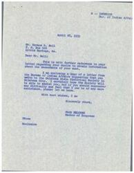 ["Mr. Bell is seeking information about his aunt who lived in Indian Territory in 1870. He wrote to Congressman Page Belcher for assistance. Belcher forwarded the request to the Bureau of Indian Affairs, who suggested contacting the Oklahoma State Historical Society for information. Bell received a response from the Bureau of Indian Affairs advising him to contact the Historical Society for help in finding information about his aunt."]