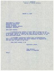 ["The document is from the Bureau of Indian Affairs to Congressman Page Belcher, thanking him for his support of various proposed legislation by the Inter-Tribal Council of the Five Civilized Tribes. The document also requests his consideration and action on the recommended bills."]