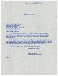 ["The document consists of three letters dated May 5, 1959, July 27, 1959, and May 11, 1959, between Miss Marie L. Wadley and Page Belcher regarding the support of certain legislation by the Inter-Tribal Council of the Five Civilized Tribes. Miss Wadley expresses the council's support for various bills related to Indian affairs, and Belcher acknowledges the support and assures that their views will be considered."]