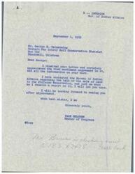 ["George E. Tarpenning, a member of the Western Kay County Soil Conservation District, wrote a letter to Congressman Page Belcher regarding the progress of their conservation work and the need for assistance with flood control projects. Tarpenning also mentioned the potential sale of land in the Chilocco Reservation and expressed interest in handling the sale through local talent. Belcher responded, promising to look into the matter and provide an update after receiving a report."]