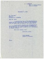 ["A letter from Page Belcher, a Member of Congress, acknowledging the recommendation from the Committee in favor of continuing Turner Bear as Chief of the Creek Nation. The recommendation highlights Turner Bear's qualifications and contributions to the Creek Tribe, and urges the Bureau of Indian Affairs to continue his appointment."]