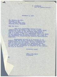 ["The document consists of a series of letters between Mr. Houston Bus Hill, a lawyer, and various government officials regarding the Comanche Tribe of Indians and the defeat of a proposed constitution. The documents acknowledge receipt of communications, provide updates on the status of the matter, and discuss interpretations and legal implications of the proposed constitution. The government officials express regret that the reply is not more favorable and offer assistance in further clarifying the situation."]