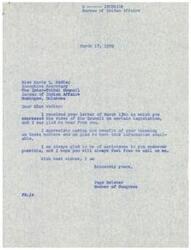 ["Miss Marie L. Wadley, the Executive Secretary of The Inter-Tribal Council, wrote a letter to Hon. Page Belcher, a Member of Congress, urging the reintroduction and passage of certain legislation that was not acted upon during the 85th Congress. Belcher responded, thanking Wadley for her input and offering assistance whenever needed."]