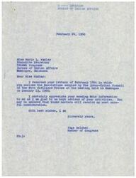["The document from Marie L. Wadley to Page Belcher encloses resolutions adopted by The Inter-Tribal Council of the Five Civilized Tribes regarding expanding and improving adult educational programs for reservation Indians and providing economic assistance through the establishment of industries near Indian reservations. Belcher acknowledges the resolutions and assures careful consideration of the matters. The resolutions urge Congress to increase funding for vocational training and provide legislative assistance for economic development on or near reservations. Copies of the resolutions are to be sent to appropriate Congressional representatives and committees for further action."]