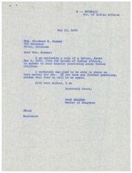 ["Mrs. Clarence E. Gosney of Perry, Oklahoma wrote to Hon. Page Belcher regarding needy Indian children who may be quitting school due to the inability to afford school lunches and supplies. The Bureau of Indian Affairs investigated the matter and found that the school in Perry adequately met the needs of Indian children, with only a few Indian students enrolled and receiving free lunches. There was no evidence of Indian children being asked to quit school due to financial reasons. The Bureau of Indian Affairs thanked Hon. Page Belcher for his interest in the matter."]