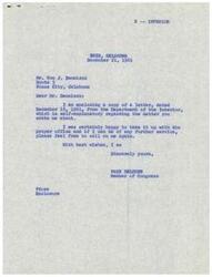 ["Mr. Tom J. Dennison, Chairman of the Kaw Indian Tribal Council, wrote to Congressman Page Belcher requesting an appointment with the Secretary of the Interior regarding a survey on the status of Kaw Indian Half Breed Reserve Lands in Kansas. Congressman Belcher forwarded the request to the Department of the Interior, which informed that the matter was being reviewed by their Solicitor's Office and suggested that Mr. Dennison arrange for an appointment with their attorneys. Congressman Belcher assured Mr. Dennison that he was happy to assist further if needed."]