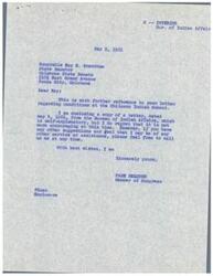 ["The document includes correspondence between State Senator Roy E. Grantham and Congressman Page Belcher regarding the inadequate living conditions at the Chilocco Indian School. Senator Grantham expresses concern about the living conditions in the boys' dormitory and requests additional improvements, such as the construction of a new dormitory. Congressman Belcher assures Senator Grantham that he will address the issue with the Bureau of Indian Affairs and provide updates on any progress."]