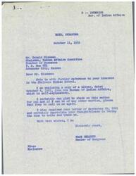 ["The document includes correspondence between various individuals regarding the condition and needs of the Chilocco Indian School. Mr. Donald Hickman expressed concerns about the school's buildings and requested support for a building program. The Bureau of Indian Affairs responded, mentioning plans for school construction and prioritizing facilities for children without access to schools. Congressman Page Belcher and Walter L. McVey also discussed the matter and agreed to cooperate in addressing the needs of the school."]