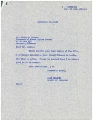["The document consists of a series of letters between Congressman Page Belcher and Chairman Henry S. Ahrens of the Creek Indian Council regarding the reappointment of Chief McIntosh as the Principal Chief of the Creek Indian Nation. Chairman Ahrens expresses his appreciation for Congressman Belcher's support and assistance in the matter, while Congressman Belcher assures Chairman Ahrens of his willingness to help and contacts the Bureau of Indian Affairs for further information. There is a resolution passed by the Creek Nation supporting Chief McIntosh's reappointment due to his positive impact on the tribe."]