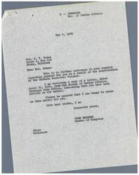 ["Mrs. G. V. Evans inquired about payment due to her from the construction of the Eufaula Reservoir Project. The Bureau of Indian Affairs indicated that there were no plans for tribal funds distribution at the moment. Mrs. Evans was asked to provide further identification for her account. Page Belcher, a Member of Congress, tried to facilitate the process by reaching out to various agencies for information on Mrs. Evans' payment."]