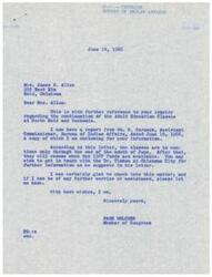 ["Mrs. James H. Allen inquired about the continuation of Adult Education Classes at North Enid and Waukomis. The Bureau of Indian Affairs provided information that the classes will continue until the end of June and will resume when funds for 1967 are available. Further information can be obtained by contacting Dr. Timken in Oklahoma City. Congressman Page Belcher was glad to assist and will provide further updates if needed."]