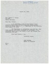 ["Mrs. Bonnie Turner wrote to Congressman Page Belcher expressing concerns about the deteriorating educational program at Fort Sill Indian School, discrimination against Indian employees, improper conduct by staff members, and fear of retaliation for speaking out. The Bureau of Indian Affairs responded, stating that the complaints were largely unfounded or overdrawn, and that there are well-defined grievance procedures in place for employees. The Bureau also explained that the school is now serving students with severe educational needs and that employee rights are protected. Mrs. Turner's letter was returned with the Bureau's response."]